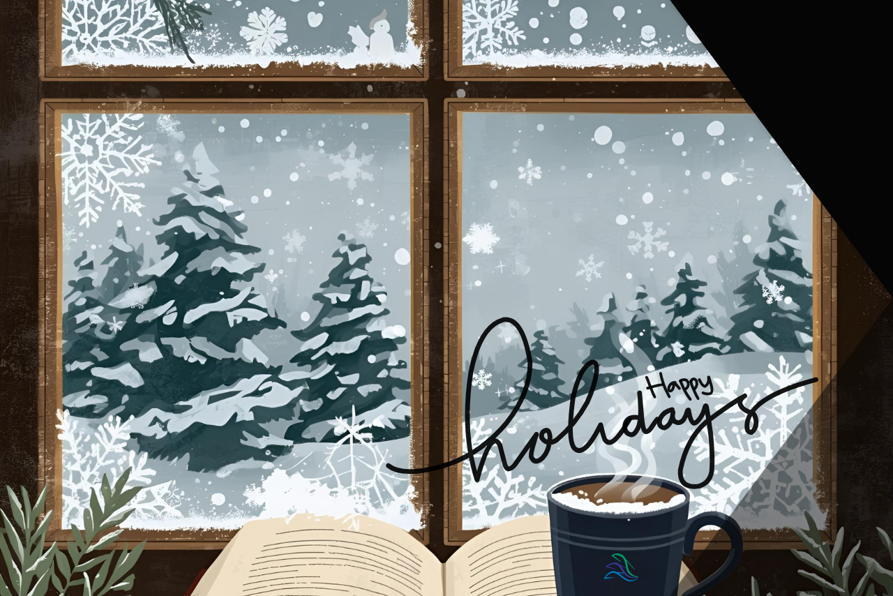 Book by window with wintery background